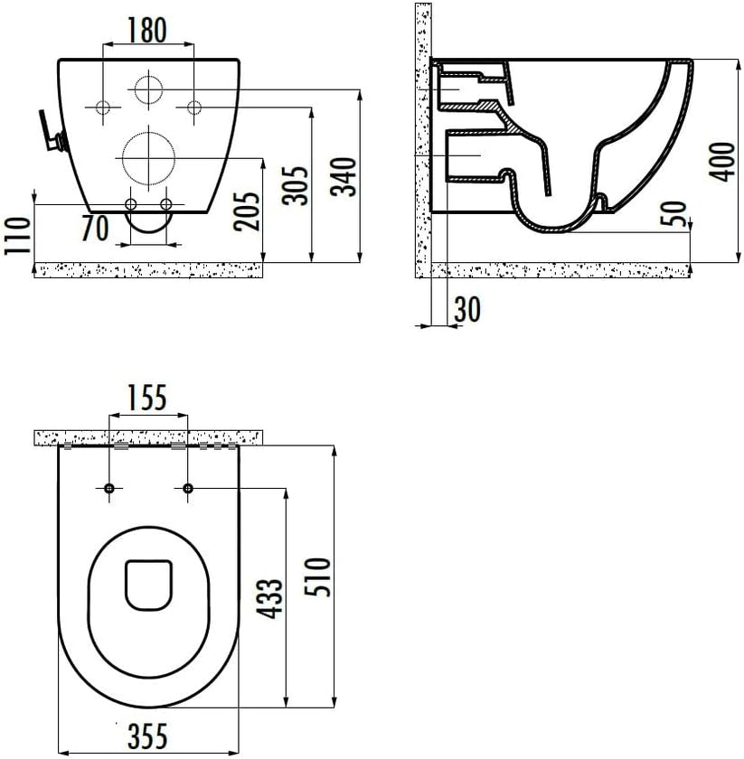 Technische Maßzeichnung eines wandhängenden WCs mit Front- und Seitenansicht sowie detaillierten Montage- und Einbaumaßen