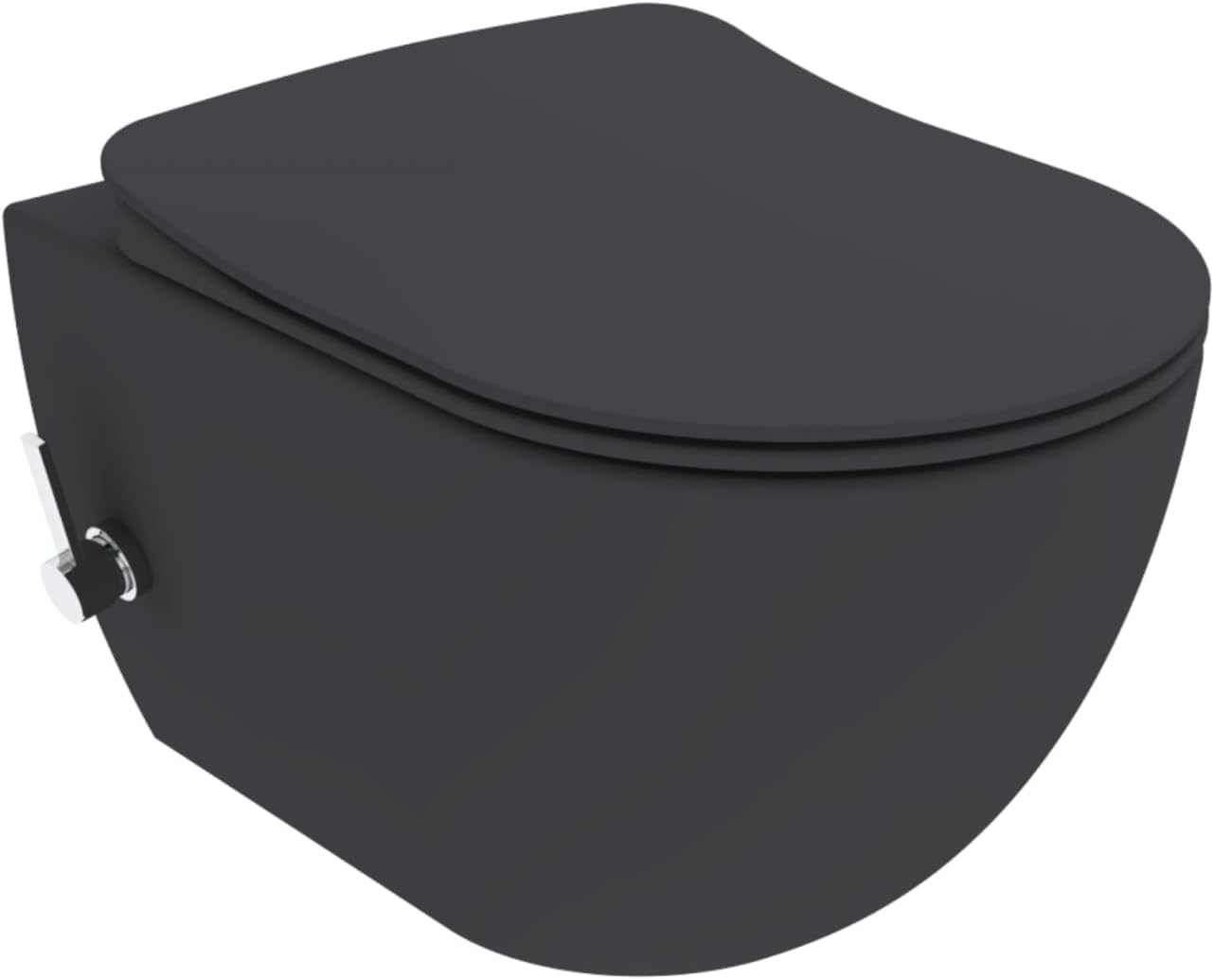 Schwarzes wandhängendes WC in matter Optik aus schräger Draufsicht, modernes Design mit Deckel und verdeckter Installation