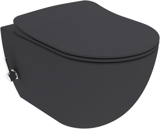Schwarzes wandhängendes WC in matter Optik aus schräger Draufsicht, modernes Design mit Deckel und verdeckter Installation