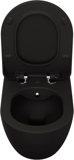 Draufsicht eines schwarzen wandhängenden WCs mit geöffnetem Soft-Close-WC-Sitz, inklusive Innenbecken- und Scharnierdetails für modernes Baddesign