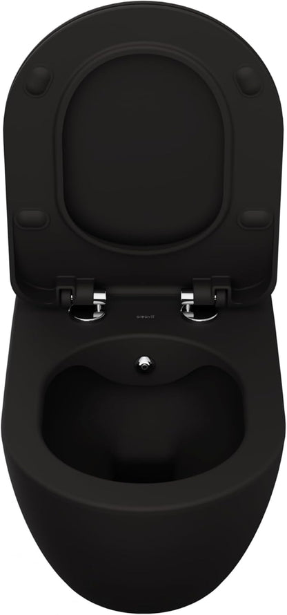 Draufsicht eines schwarzen wandhängenden WCs mit geöffnetem Soft-Close-WC-Sitz, inklusive Innenbecken- und Scharnierdetails für modernes Baddesign