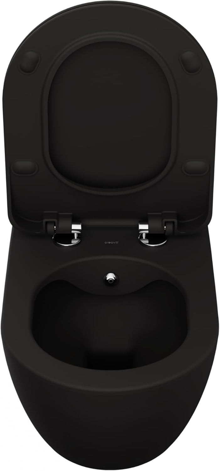 Draufsicht eines schwarzen wandhängenden WCs mit geöffnetem Soft-Close-WC-Sitz, inklusive Innenbecken- und Scharnierdetails für modernes Baddesign