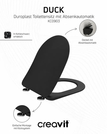 Creavit Duck WC-Sitz Tiefschwarz mit Softclose & Take-Off | Duroplast Toilettensitz