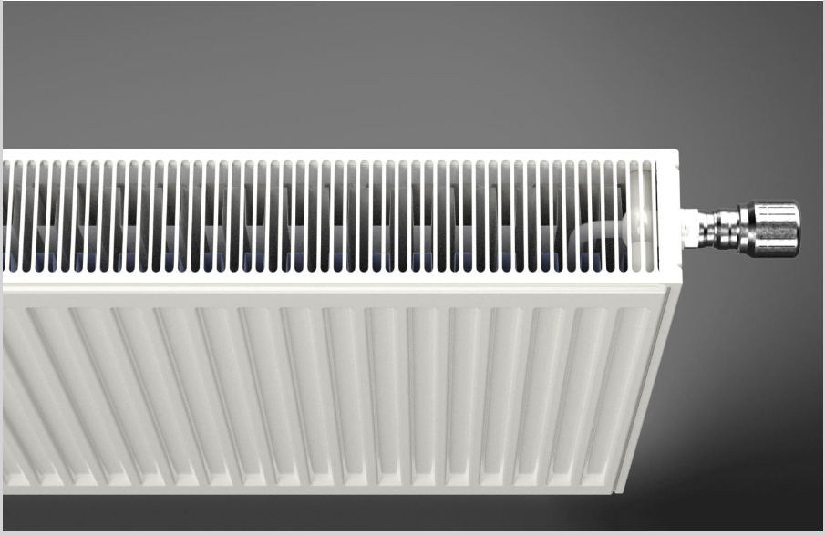 Weißer Pekpan Ventilheizkörper in moderner Ausführung mit Metallventil an grauem Hintergrund