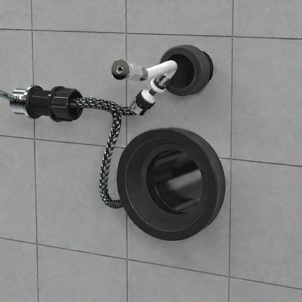 Creavit wand wc spülrandlos Anschluss und Installationsteile an grauer gefliester Wand