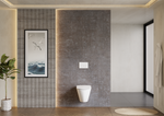 Modernes Badezimmer mit Creavit wand wc spülrandlos an grauer Wand und dekorativem Pflanzenarrangement