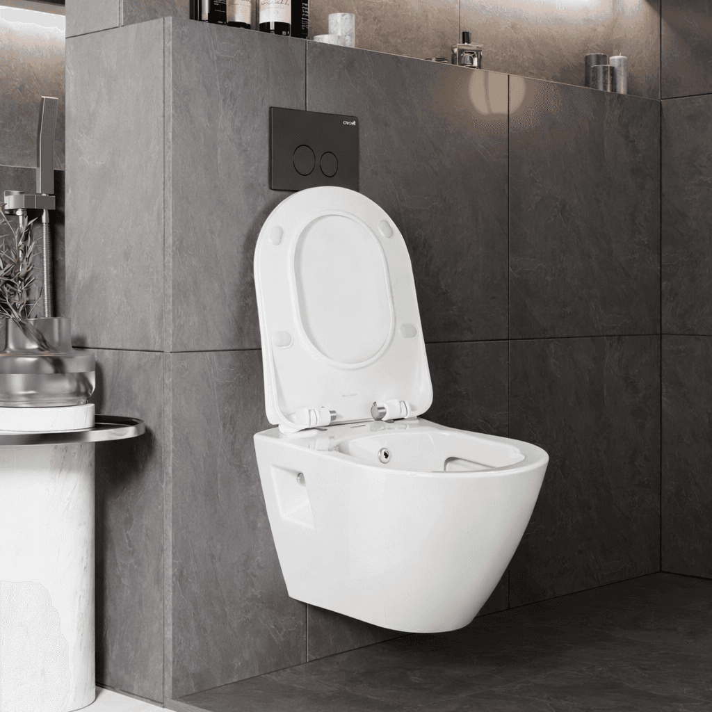 Creavit wand wc spülrandlos in modernem Bad mit schwarzer Wand und offenem Deckel