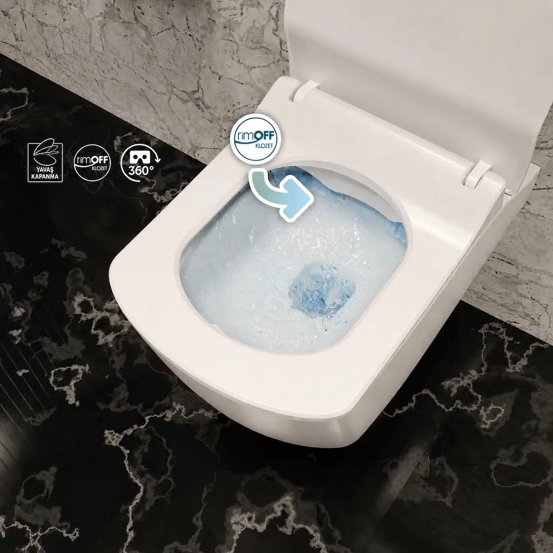 Modernes WC von oben auf schwarzem Marmorboden, mit schäumendem Wasser und markierter „rimOFF“-Reinigungsfunktion.