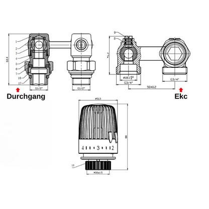 Anschlussarmatur Eck- oder Durchgang Set Inkl. Thermostatkopf