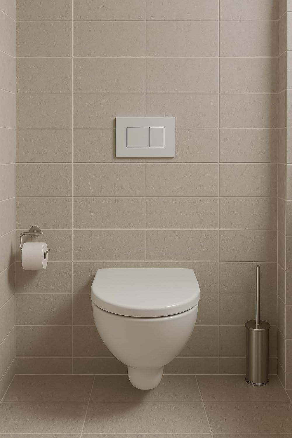 Japar spülrandloses hänge wc in modernem Badezimmer mit beige Fliesen und Edelstahl WC-Bürste