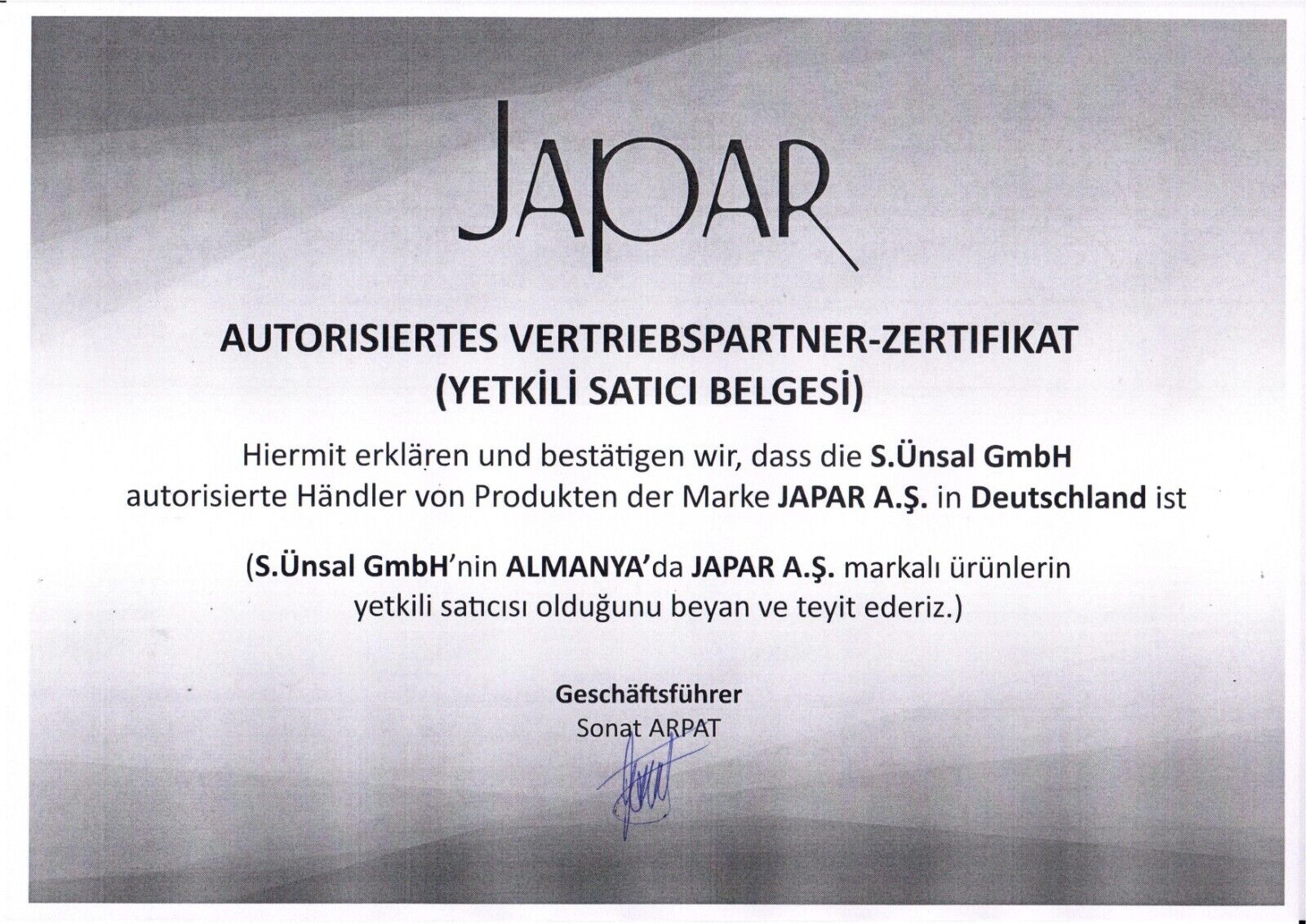 Zertifikat von Japar für autorisierten Vertriebspartner in Deutschland