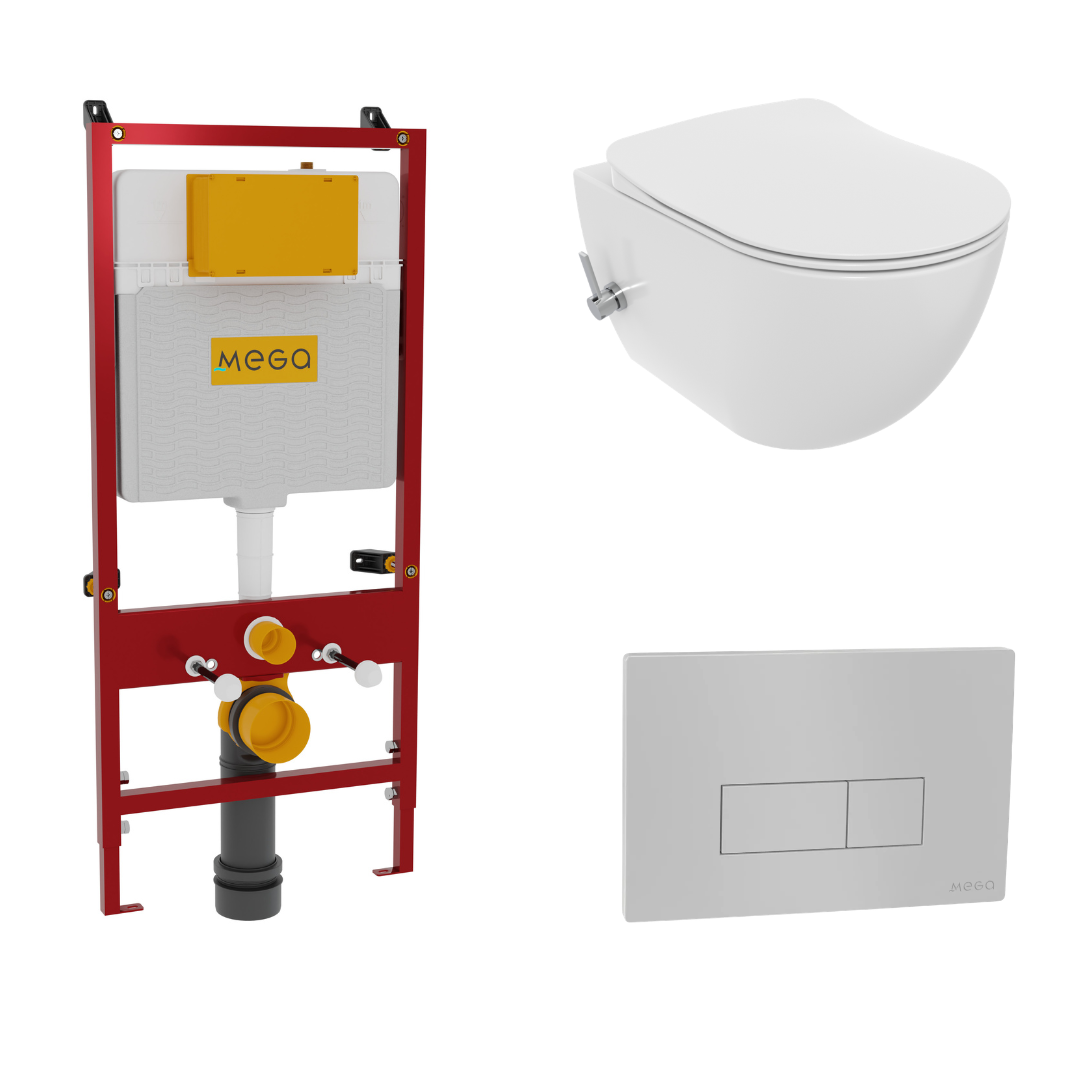 Komplettes Wand-WC-Set inklusive CREAVIT WC, Soft-Close WC-Sitz, MEGA Unterputz-Spülkasten, WC-Rahmen und Montagematerial.
