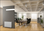 Moderner Pekpan Ventilheizkörper an grauer Wand in hellem Büro mit Holzboden und Konferenztisch