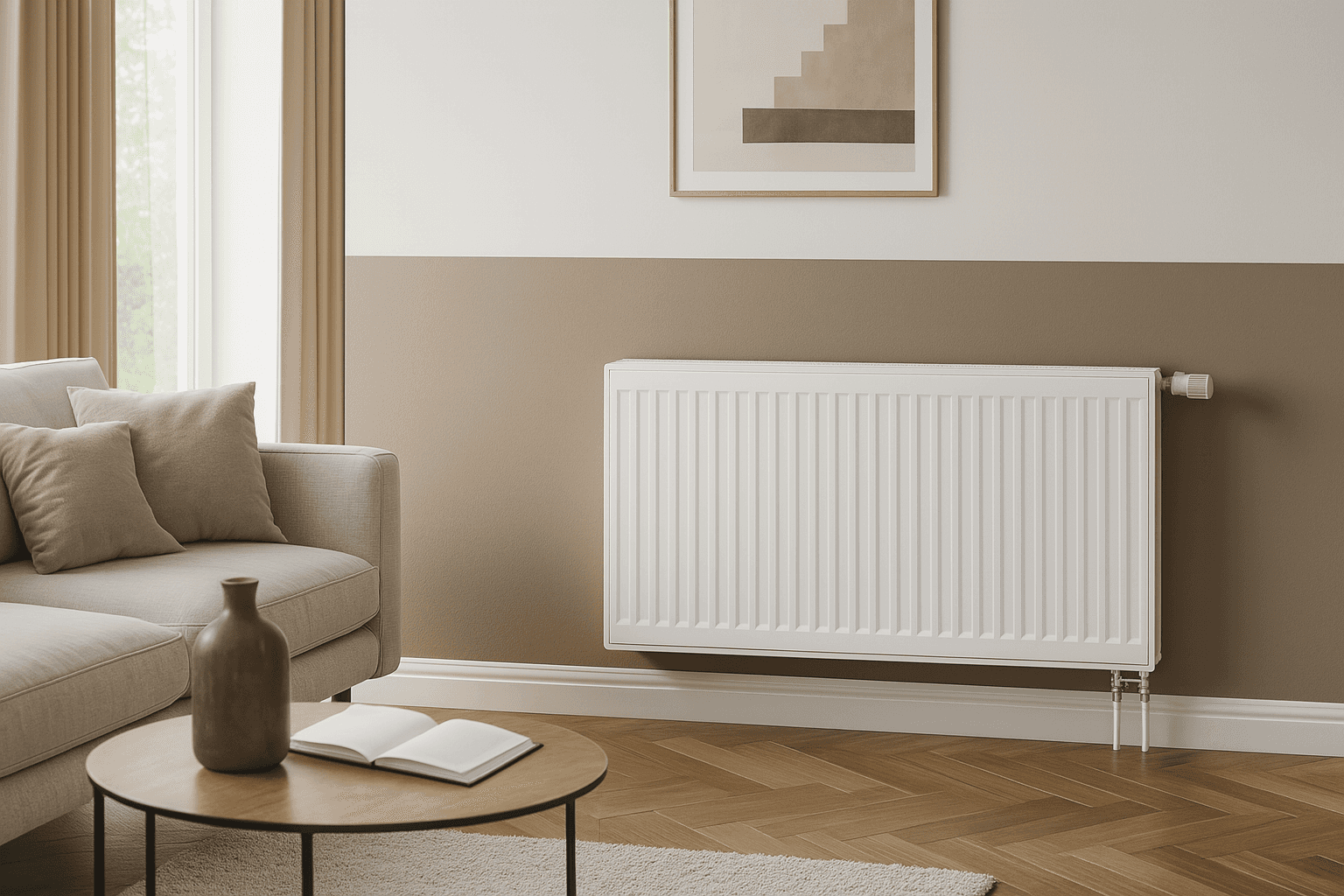 Weißer Ventilheizkörper von Pekpan an der Wand im modernen Wohnzimmer neben Sofa und Couchtisch