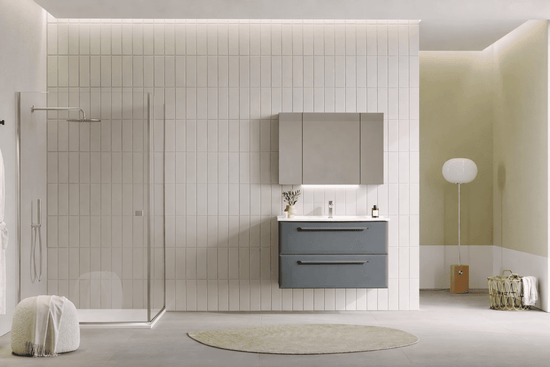 Modernes Badezimmermöbel Set mit wandhängendem Waschtischunterschrank in Anthrazit, zwei Schubladen und LED-Spiegelschrank – minimalistisches Design für stilvolle Badezimmer.