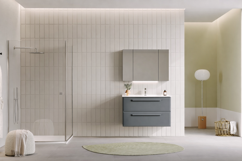 Modernes Badezimmermöbel Set mit wandhängendem Waschtischunterschrank in Anthrazit, zwei Schubladen und LED-Spiegelschrank – minimalistisches Design für stilvolle Badezimmer.