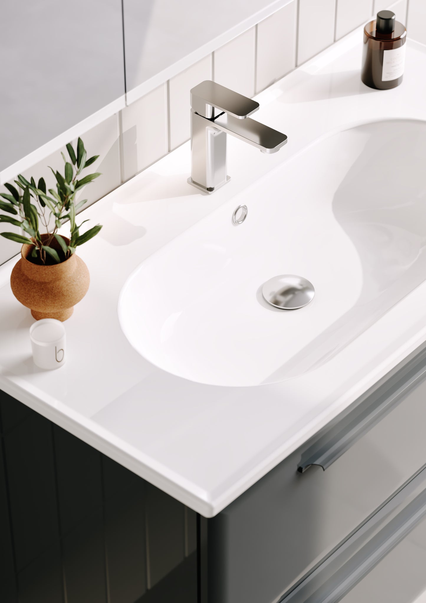 Modernes Badezimmermöbel Set mit wandhängendem Waschtischunterschrank in Anthrazit, zwei Schubladen und LED-Spiegelschrank – minimalistisches Design für stilvolle Badezimmer.