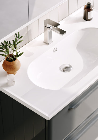 Modernes Badezimmermöbel Set mit wandhängendem Waschtischunterschrank in Anthrazit, zwei Schubladen und LED-Spiegelschrank – minimalistisches Design für stilvolle Badezimmer.