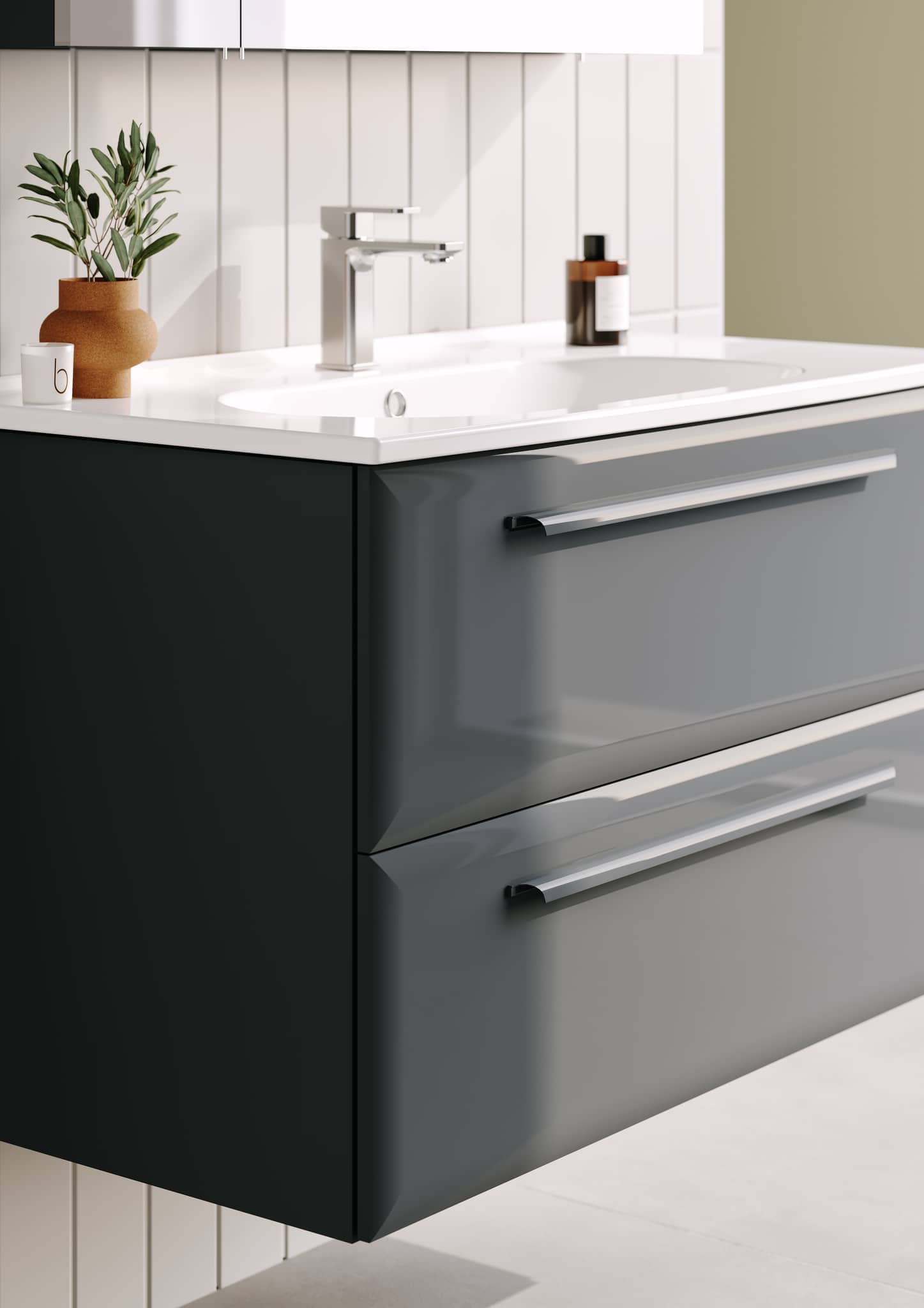 Modernes Badezimmermöbel Set mit wandhängendem Waschtischunterschrank in Anthrazit, zwei Schubladen und LED-Spiegelschrank – minimalistisches Design für stilvolle Badezimmer.