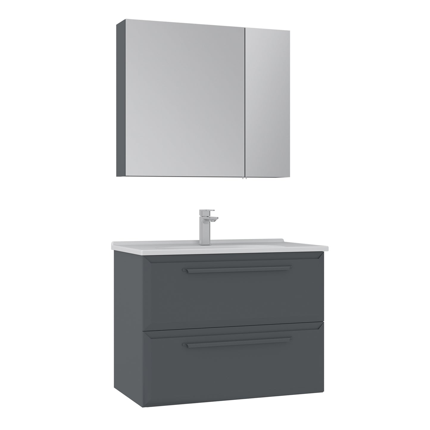 Modernes Badezimmermöbel Set mit wandhängendem Waschtischunterschrank in Anthrazit, zwei Schubladen und LED-Spiegelschrank – minimalistisches Design für stilvolle Badezimmer.