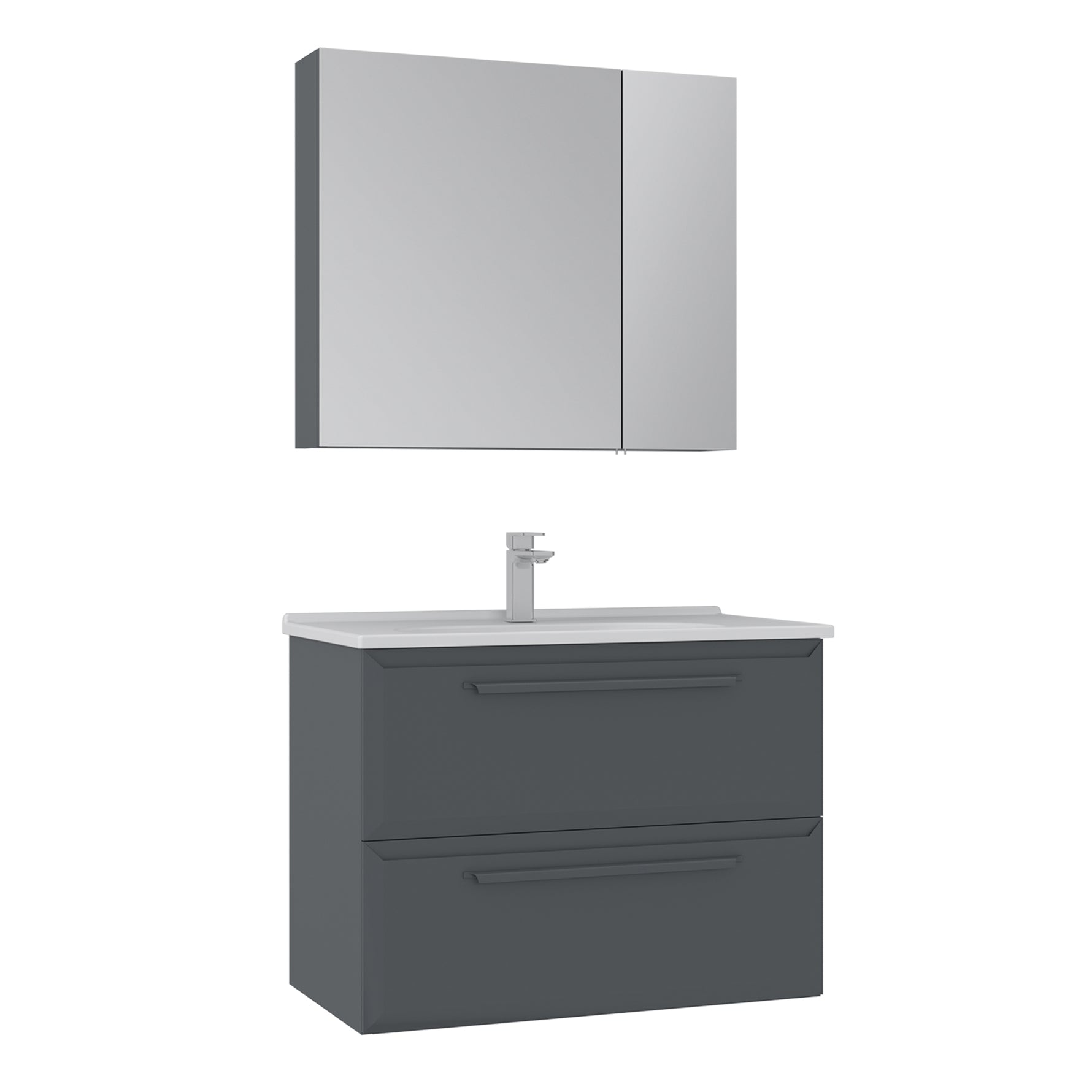 Modernes Badezimmermöbel Set mit wandhängendem Waschtischunterschrank in Anthrazit, zwei Schubladen und LED-Spiegelschrank – minimalistisches Design für stilvolle Badezimmer.