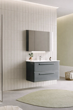 Modernes Badezimmermöbel Set mit wandhängendem Waschtischunterschrank in Anthrazit, zwei Schubladen und LED-Spiegelschrank – minimalistisches Design für stilvolle Badezimmer.
