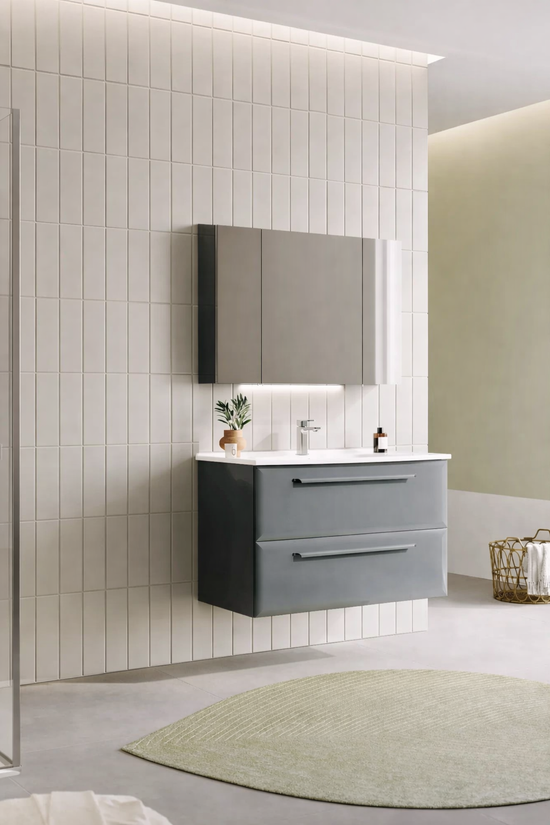 Modernes Badezimmermöbel Set mit wandhängendem Waschtischunterschrank in Anthrazit, zwei Schubladen und LED-Spiegelschrank – minimalistisches Design für stilvolle Badezimmer.