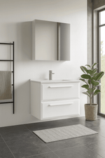 Modernes weißes Badezimmermöbel Set mit wandhängendem Waschtischunterschrank, zwei Schubladen und Spiegelschrank – minimalistisches Design für kleine und stilvolle Badezimmer.