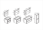Maßzeichnung eines Badezimmermöbel Sets mit Spiegelschrank, Waschtischunterschrank und Hochschrank – verschiedene Breiten (60, 80, 100 cm) mit detaillierten Abmessungen in cm.