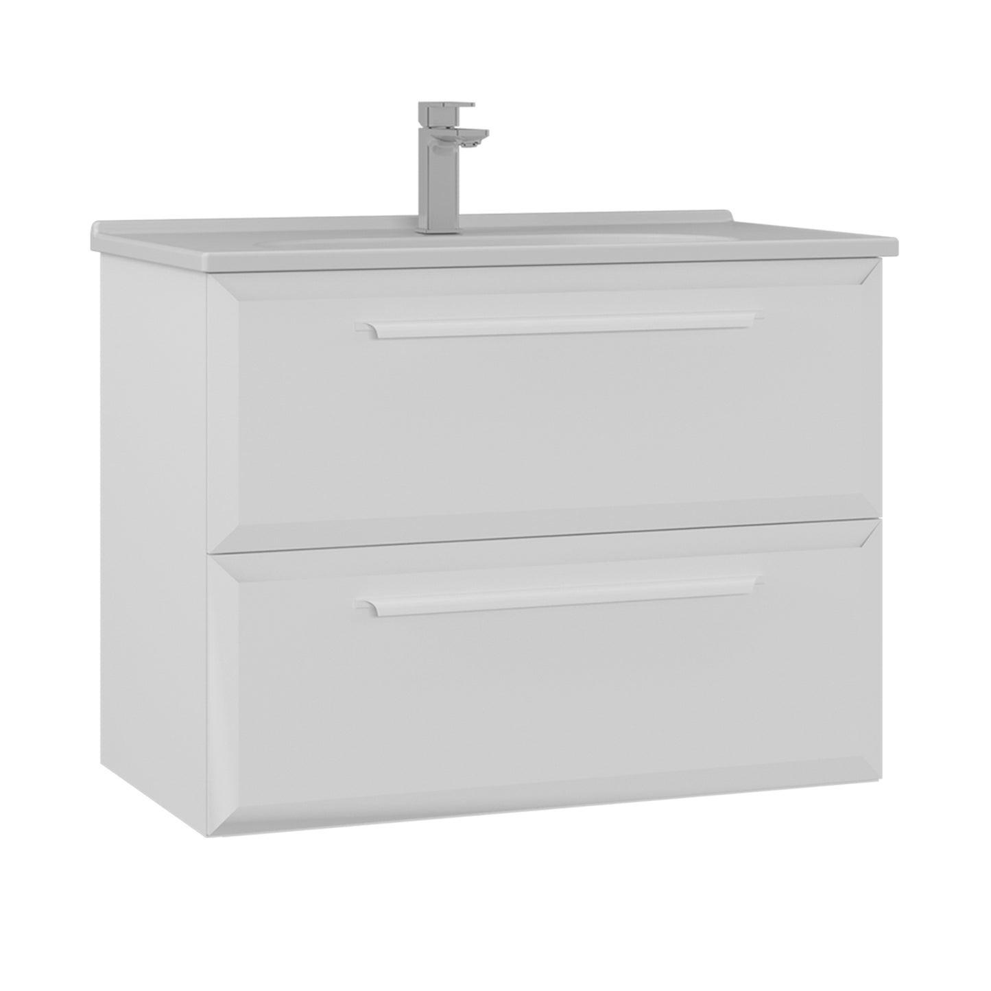 Waschtischunterschrank mit zwei Schubladen und integriertem Waschbecken – modernes, wandhängendes Badezimmermöbel mit viel Stauraum.