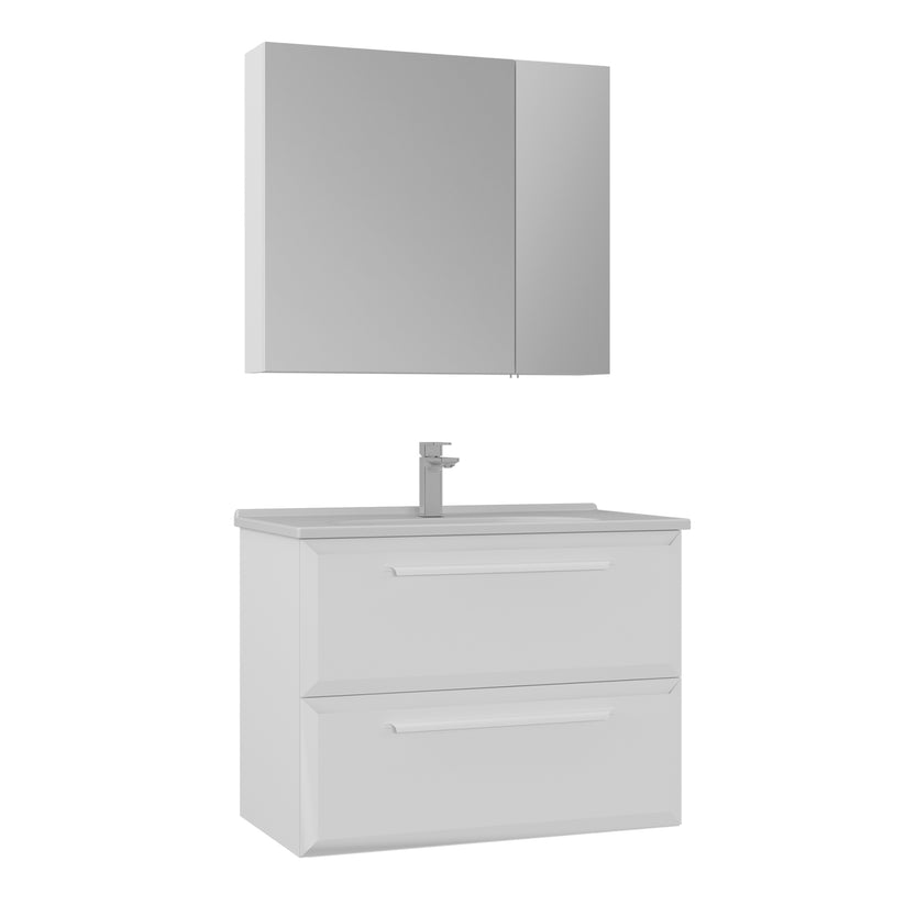 Modernes weißes Badezimmermöbel Set mit wandhängendem Waschtischunterschrank, zwei Schubladen und Spiegelschrank – minimalistisches Design für kleine und stilvolle Badezimmer.