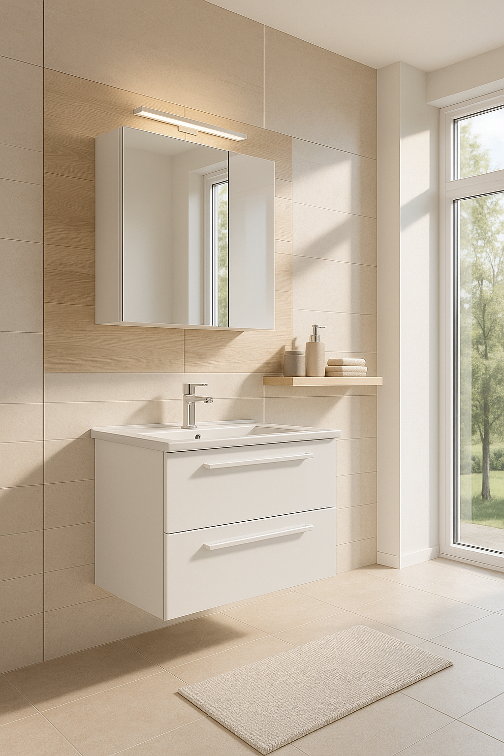 Modernes weißes Badezimmermöbel Set mit wandhängendem Waschtischunterschrank, zwei Schubladen und Spiegelschrank – minimalistisches Design für kleine und stilvolle Badezimmer.