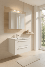 Modernes weißes Badezimmermöbel Set mit wandhängendem Waschtischunterschrank, zwei Schubladen und Spiegelschrank – minimalistisches Design für kleine und stilvolle Badezimmer.