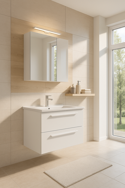 Modernes weißes Badezimmermöbel Set mit wandhängendem Waschtischunterschrank, zwei Schubladen und Spiegelschrank – minimalistisches Design für kleine und stilvolle Badezimmer.