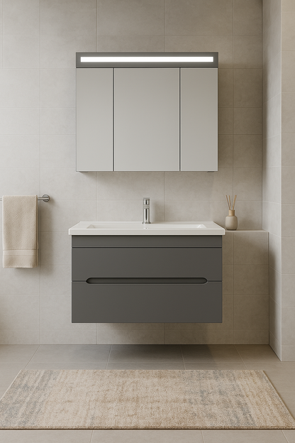 Orka Varna Badmöbel 80/100cm Keramikbecken mit Schubladen + LED Spiegelschrank