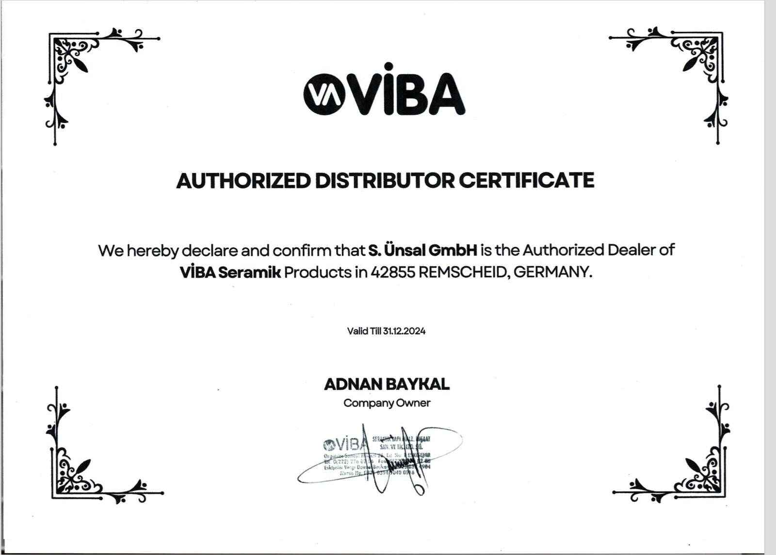 VIBA Authorized Distributor Certificate für VIBA Produkte