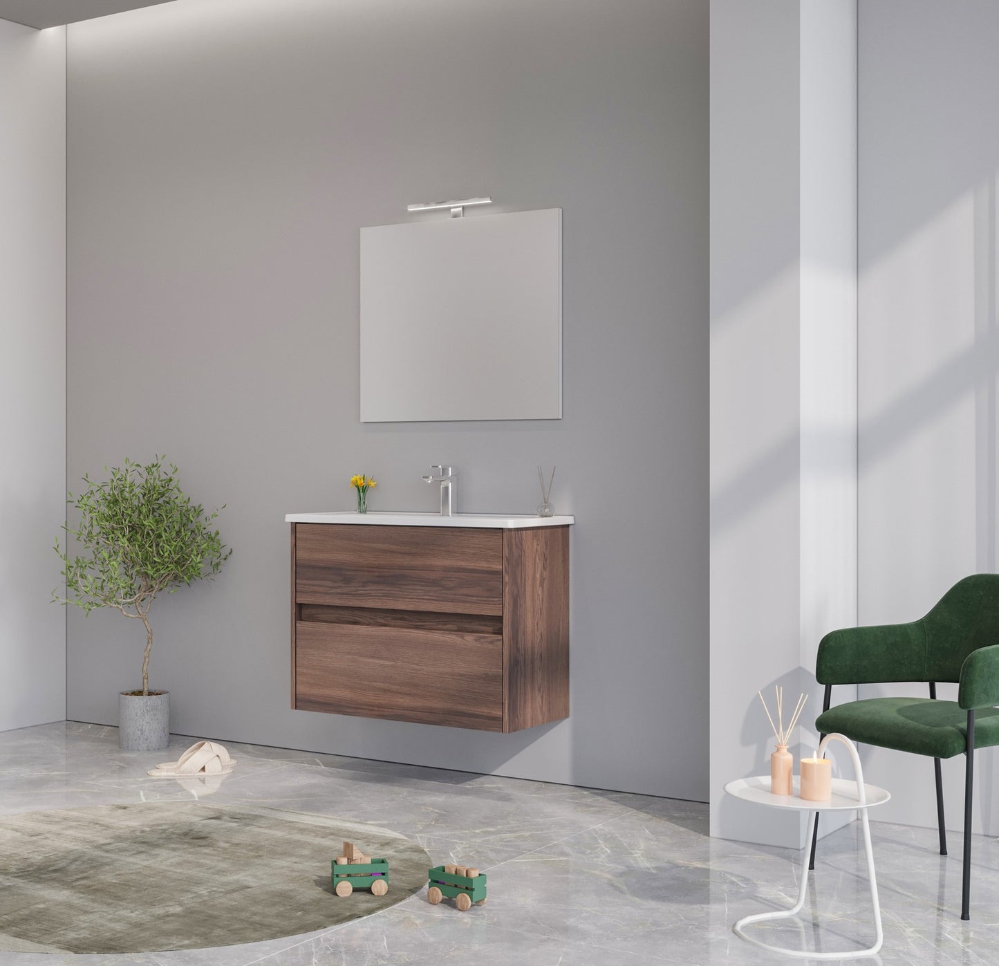 Orka Lova Badmöbel-Set | 60 cm / 80 cm | Weiß, Anthrazit, Eiche Hell/Dunkel | Mit Keramik-Waschbecken & LED Spiegel | Soft-Close Schubladen
