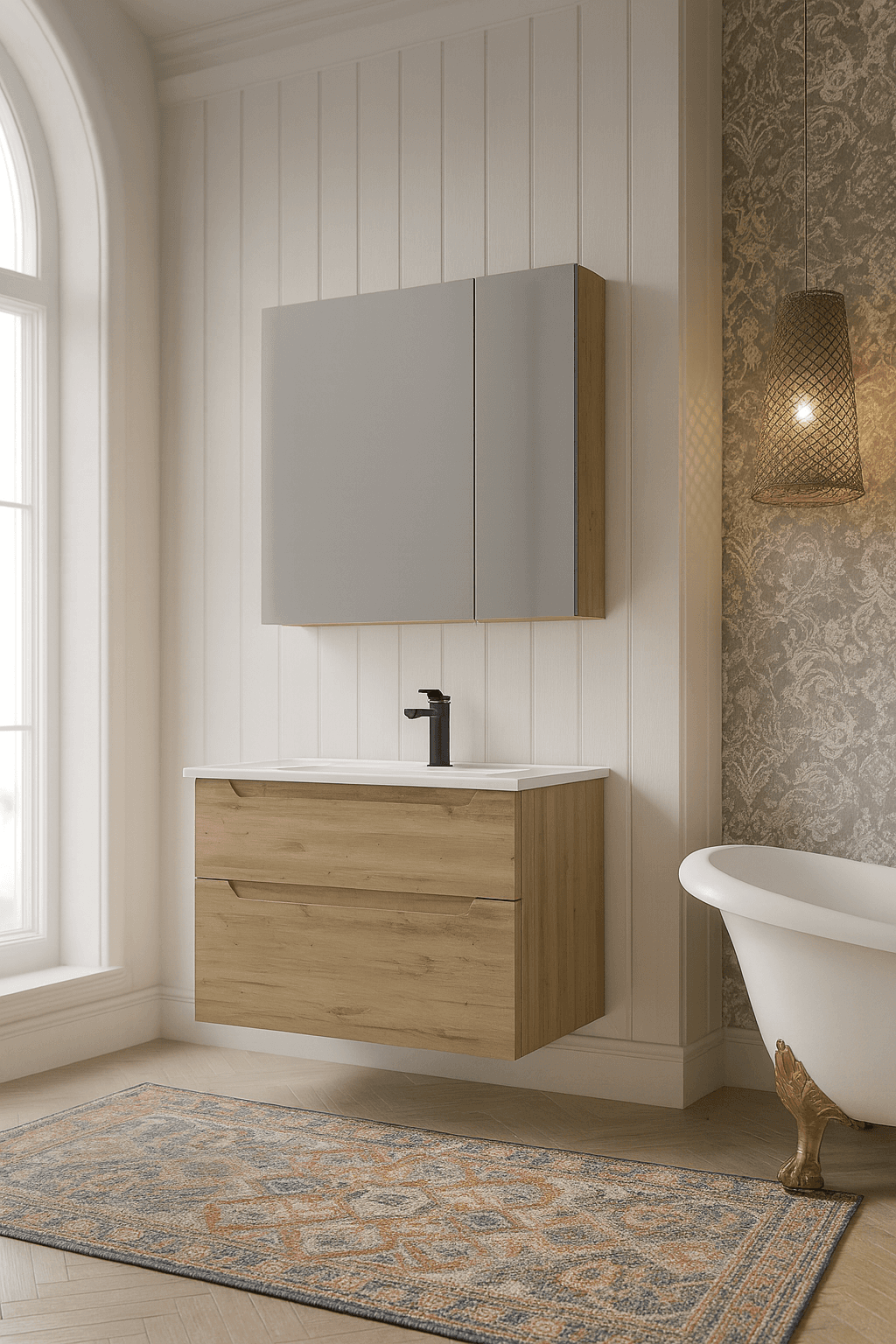 Modernes Orka Badmöbel Set mit Holzoptik Waschbeckenunterschrank und Wandspiegel in hellem Badezimmer