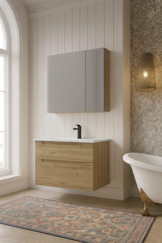 Orka Messina Badmöbel Set 80/100cm Keramik Waschbecken&Spiegelschrank Weiß/Eiche