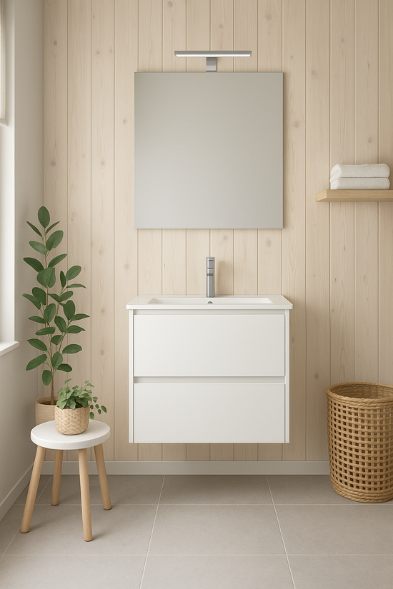 Orka Lova Badmöbel-Set | 60 cm / 80 cm | Weiß, Anthrazit, Eiche Hell/Dunkel | Mit Keramik-Waschbecken & LED Spiegel | Soft-Close Schubladen
