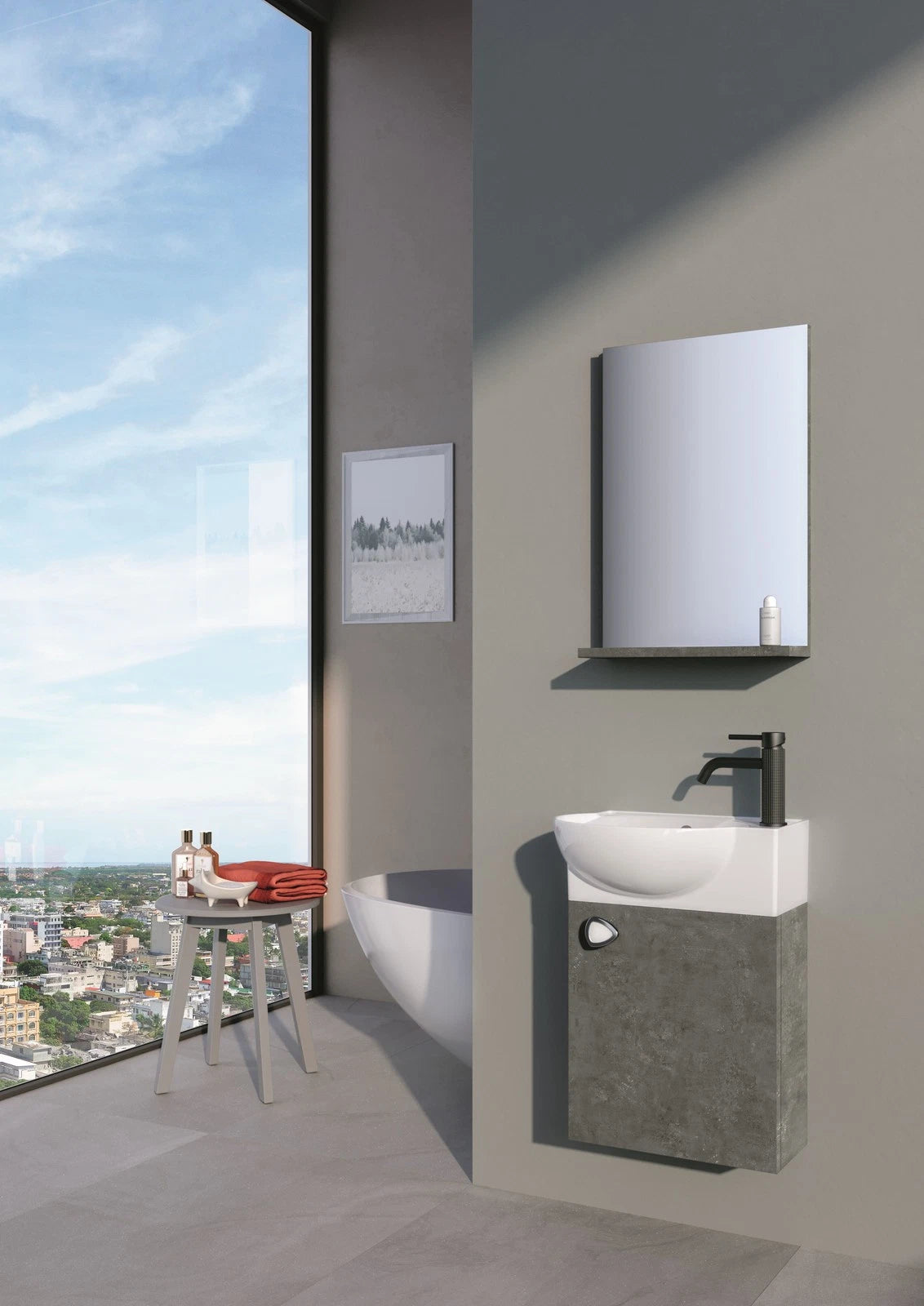 Orka Riva 45cm Badmöbel Set Waschbecken + Spiegel | Weiß / Retro Silber Gäste WC