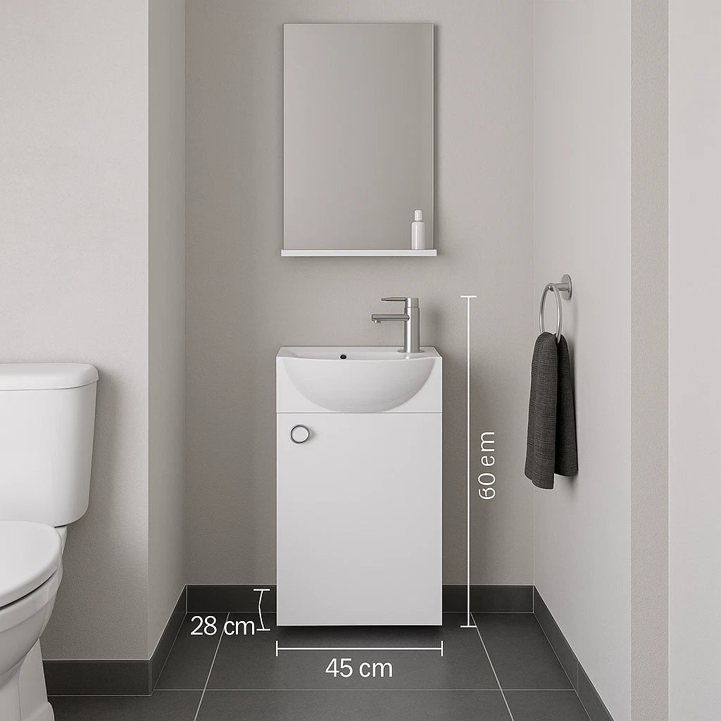 Orka Riva 45cm Badmöbel Set Waschbecken + Spiegel | Weiß / Retro Silber Gäste WC