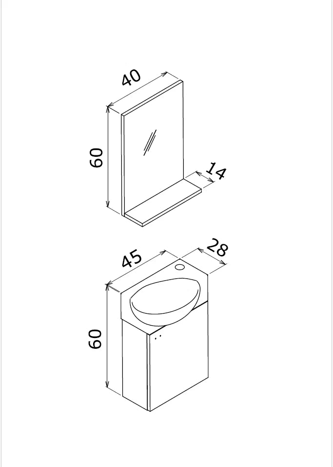 Orka Riva 45cm Badmöbel Set Waschbecken + Spiegel | Weiß / Retro Silber Gäste WC