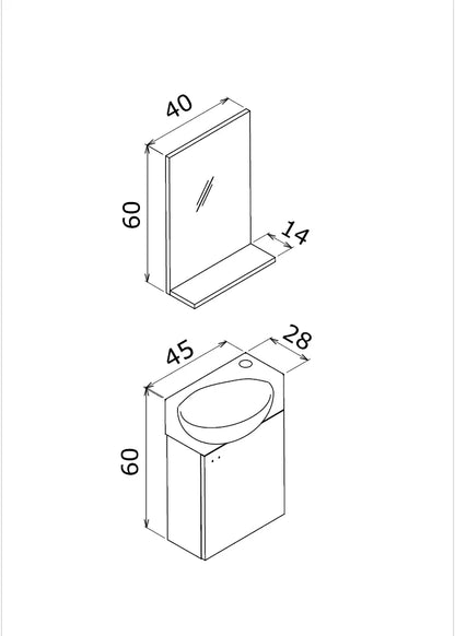 Orka Riva 45cm Badmöbel Set Waschbecken + Spiegel | Weiß / Retro Silber Gäste WC