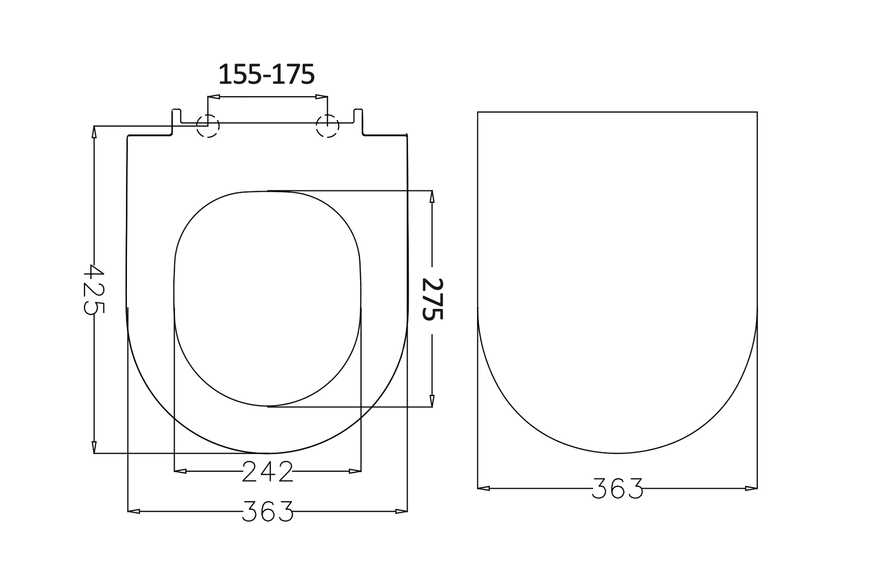 Maßskizze WC-Deckel Duroplast: 363 mm Breite, 375 mm Tiefe
