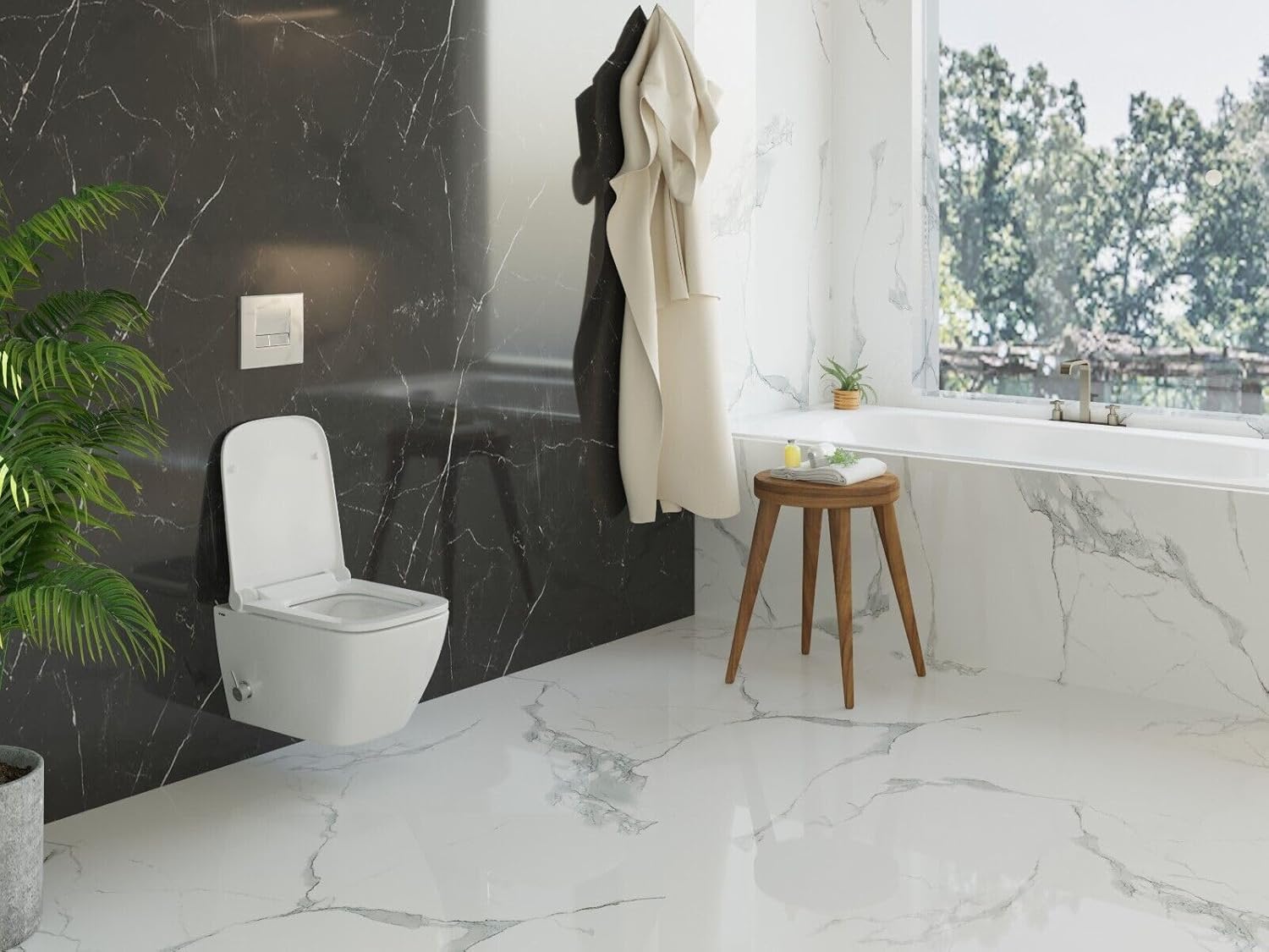 Modernes VIBA dusch-wc an schwarzer Marmorwand in elegantem Badezimmer mit weißem Marmorboden