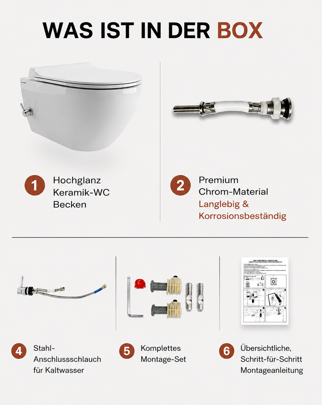 VIBA SUA Dusch-WC-Set: wandhängendes WC-Becken und Anschluss-Armatur-Teile