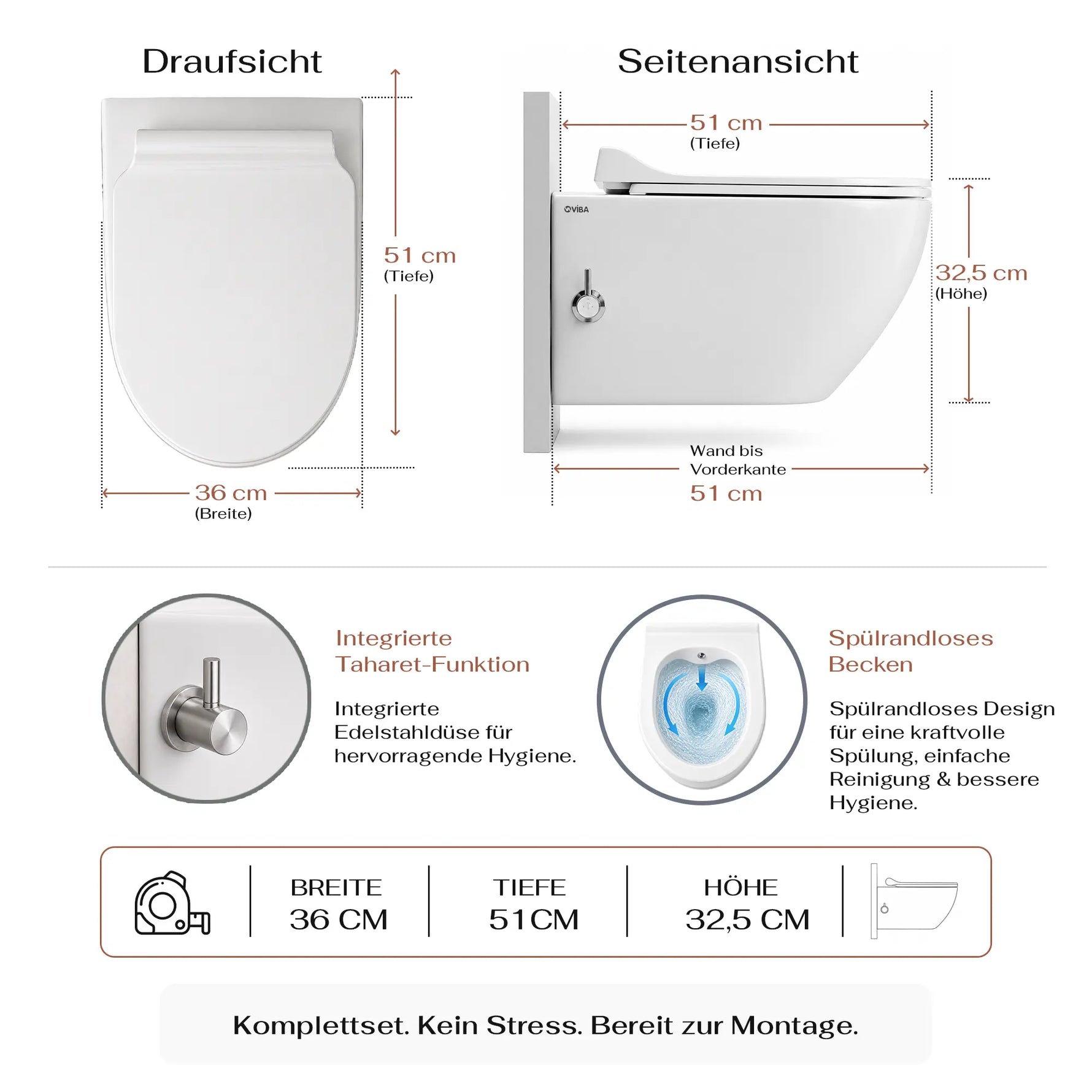 VIBA SUA Dusch Wand WC Sua spülrandlos mit Armatur (Kaltwasser)
