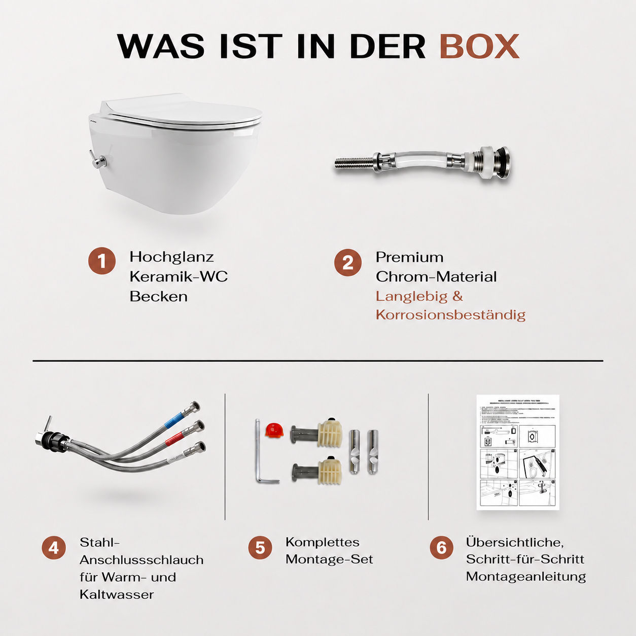 VIBA wandhängendes WC-Set ohne Spülrand mit Armatur und Anschluss-Schläuchen