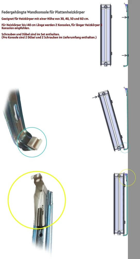 Federgehängte wandkonsole mit schublade für Plattenheizkörper zur einfachen Montage und stabilen Befestigung